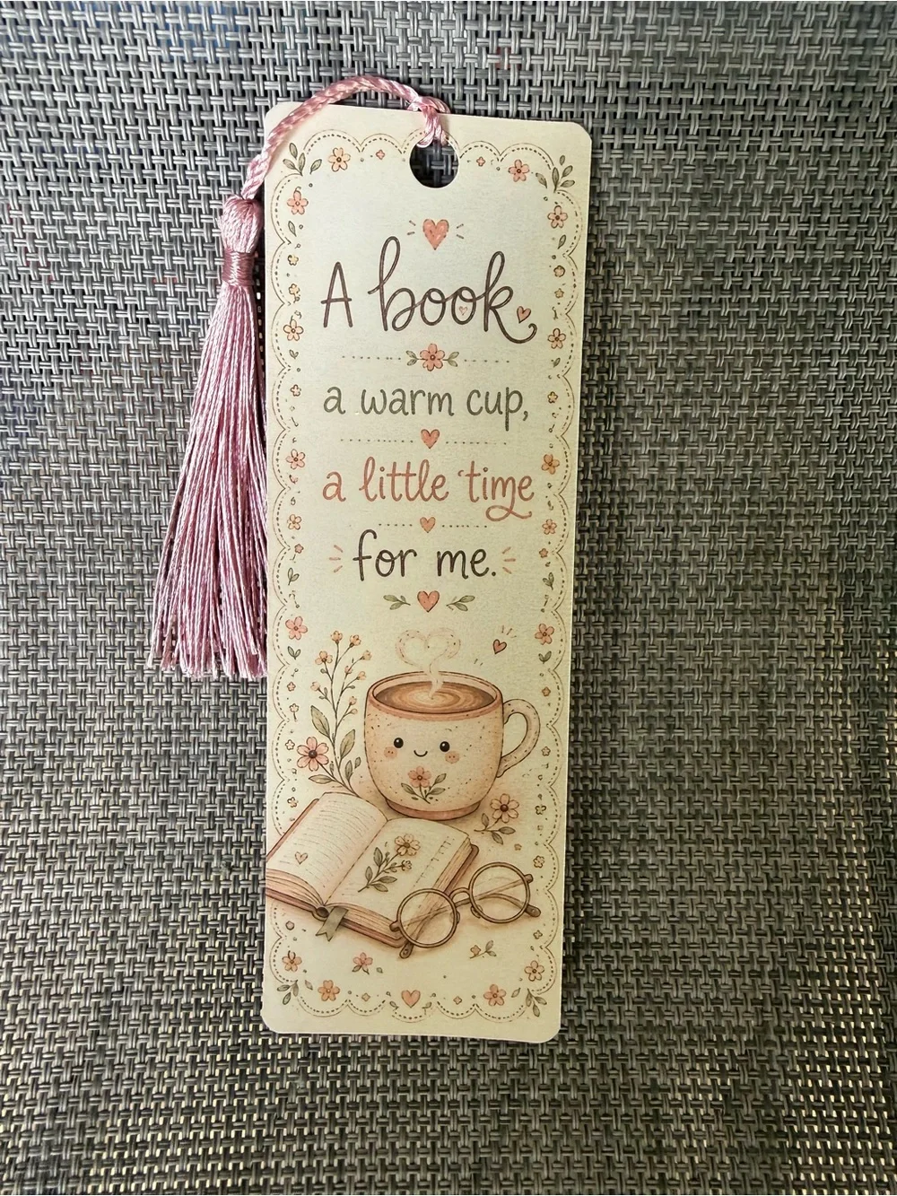 Pink Tassel Bookmark with Cozy Book & Cup Design